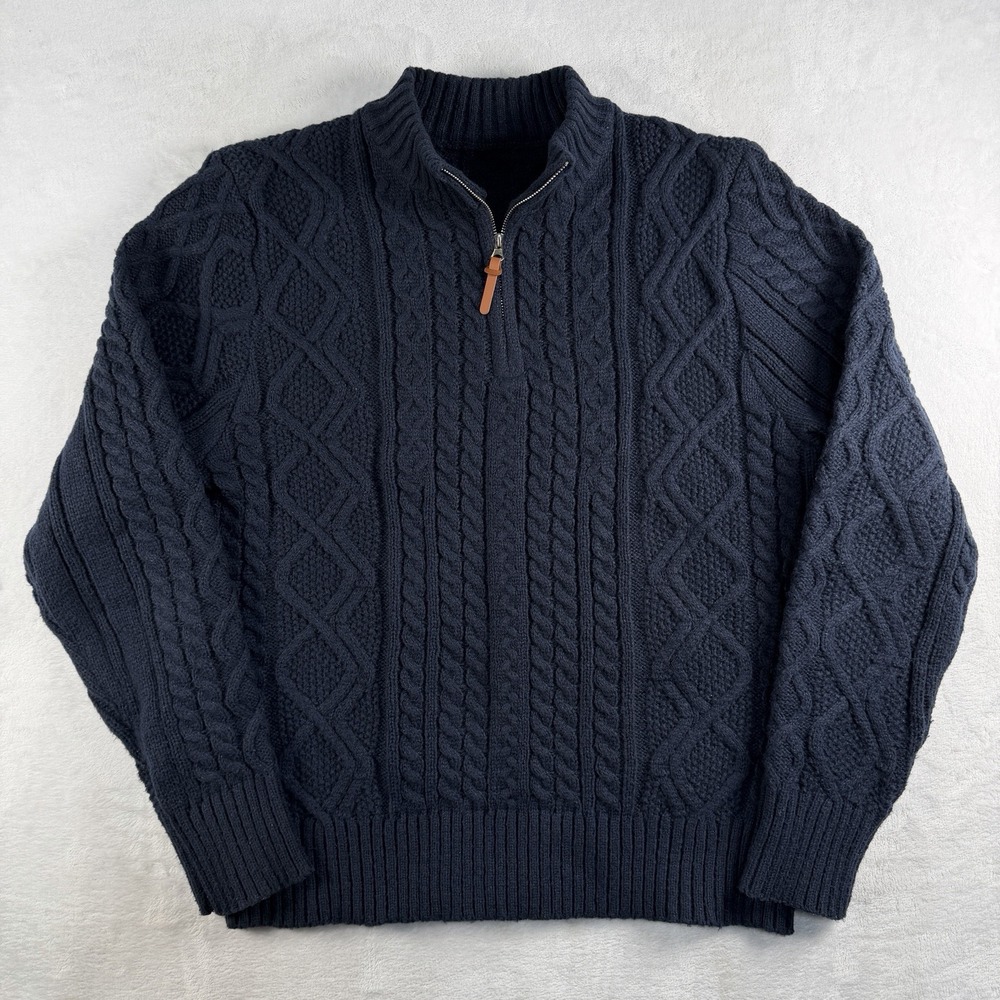Mens Navy Fisherman 1/4 Zip Sweater XXL Chunky Aran Cable Knit Navy Blue